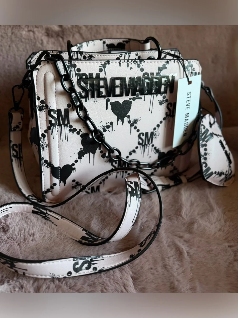 NWT - Rare Steve Madden Bevelyn Blood Drip Heart Print Satchel pink black goth